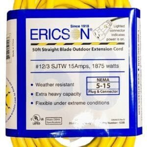 Ericson 123B - 50ft #12/3 SJTW-Y with 5-15P/R Cordset